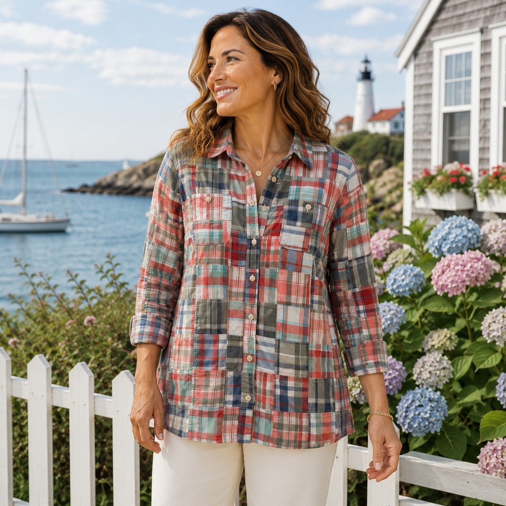 LL Bean Womens Madras Patchwork Plaid Shirt Sz M Button Front Coastal Preppy